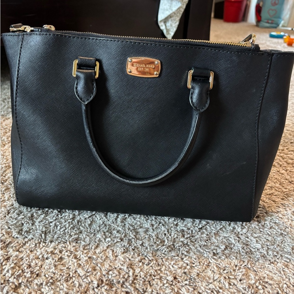 Michael Kors Black Satchel Purse Handbag with Gold Accents Tote Medium Classic